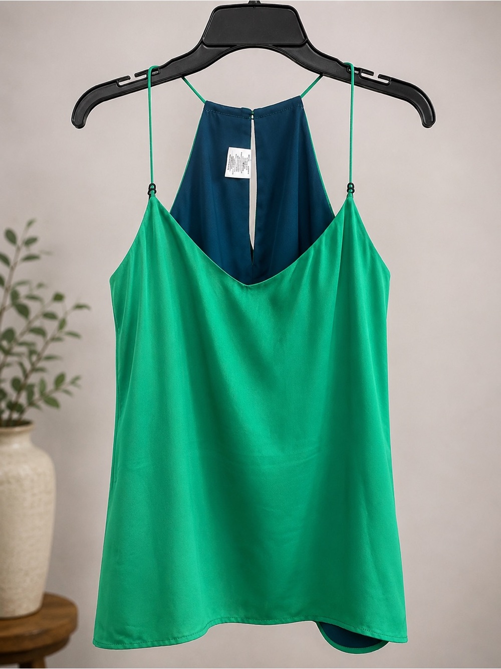 Express Emerald Green Satin Halter Cami with Navy Back